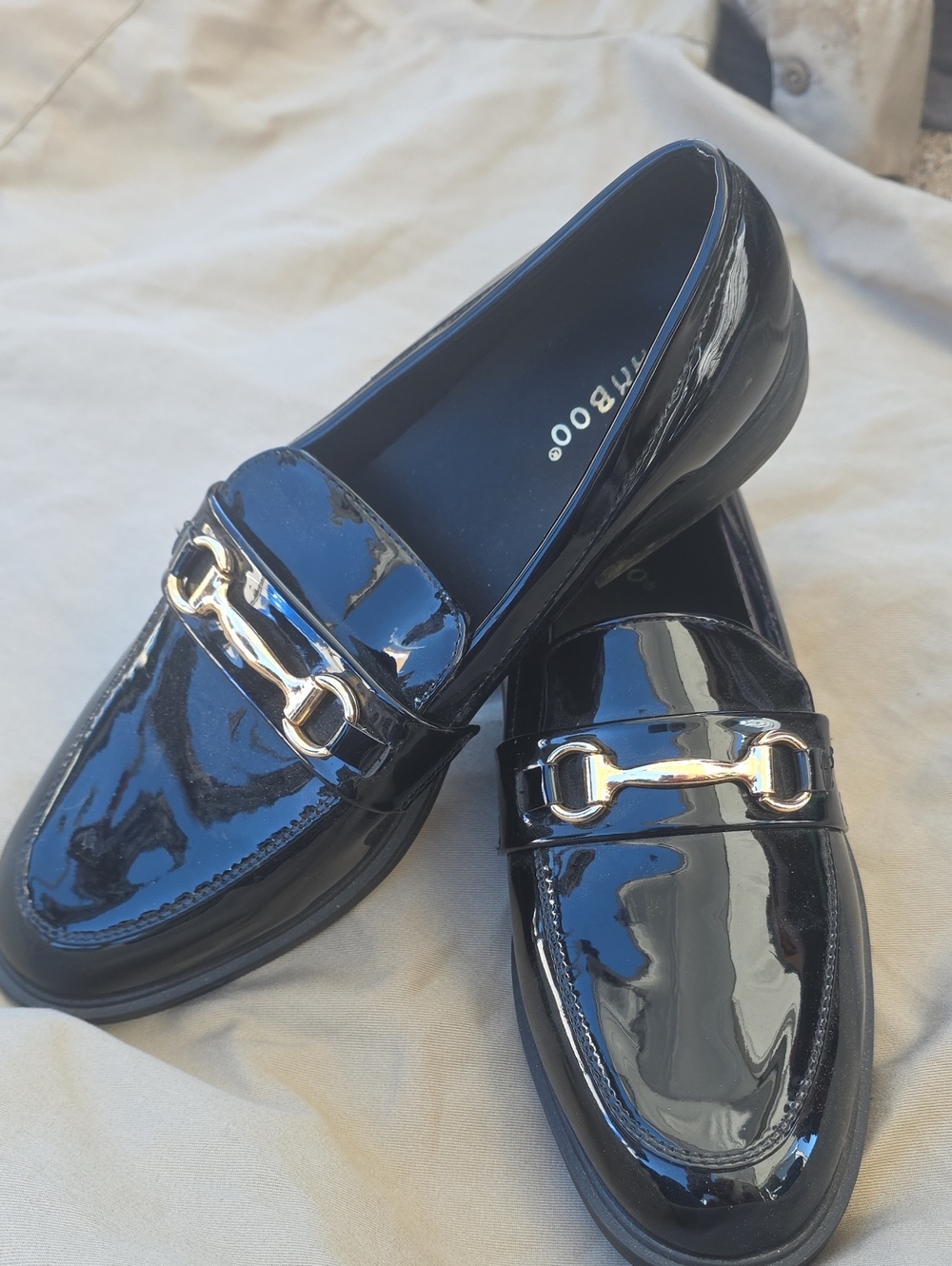 BAMBOO Women's Black Patent Loafers with Gold Bit